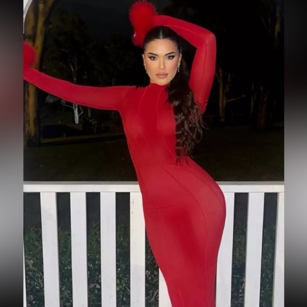 Red Feather Bodycon Long Sleeve Backless Birthday Maxi Dresses | Size Small